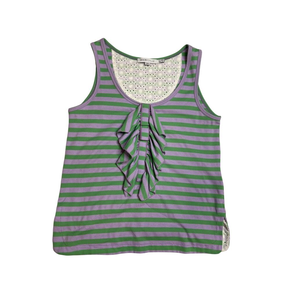 See By Chloé Striped Ruffled Front Tank Top SZ 2